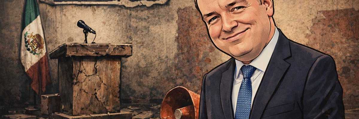 Illustration of a man with a podium, torn flag, and "Derecha Sin Voz" banner in background.