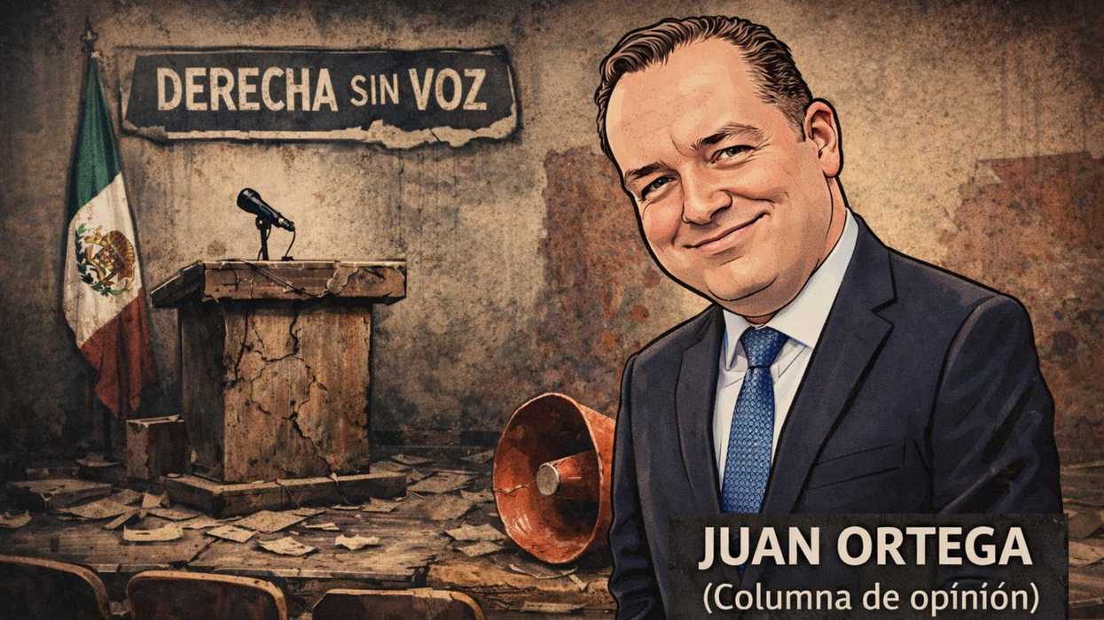 Illustration of a man with a podium, torn flag, and "Derecha Sin Voz" banner in background.