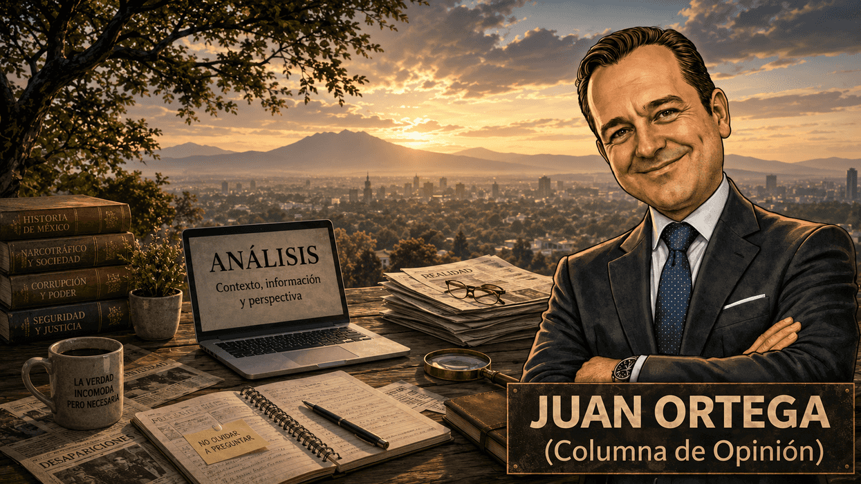 Illustration of a man with books, laptop, and cityscape at sunset.
