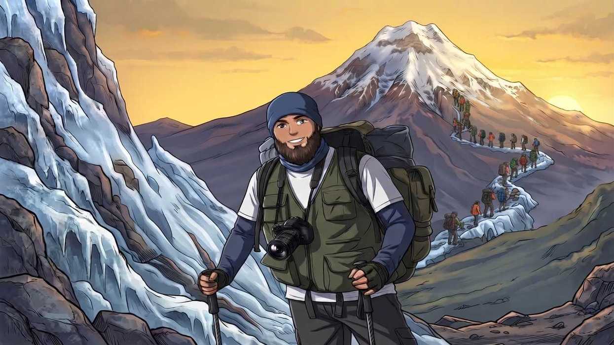 Illustration of a smiling hiker with a camera in front of a snowy mountain trail.