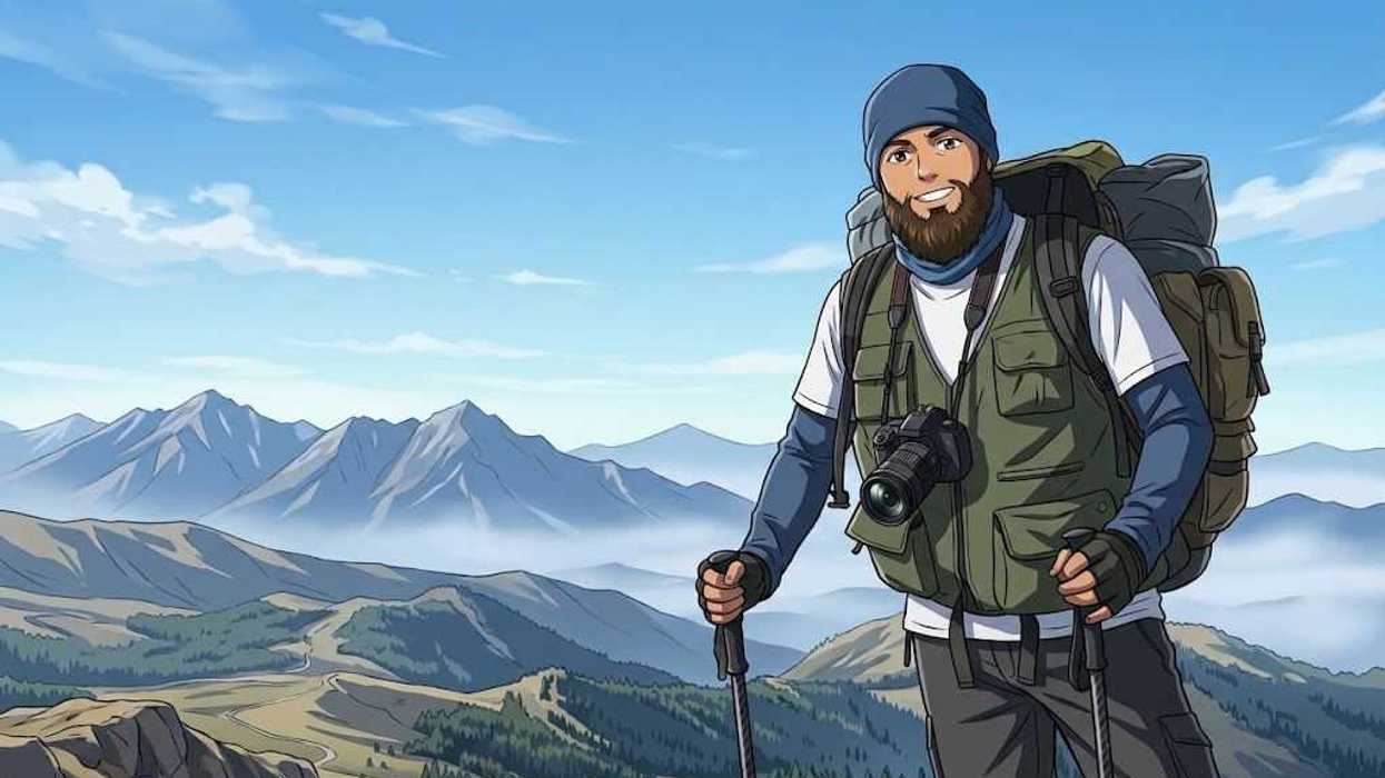Illustration of a smiling hiker with gear, gazing at a mountain landscape.