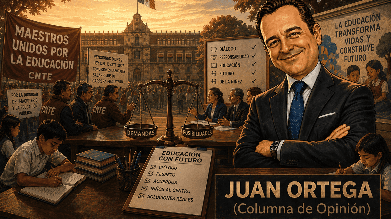 Illustration of a smiling man at a table with education protest signs and a scale.