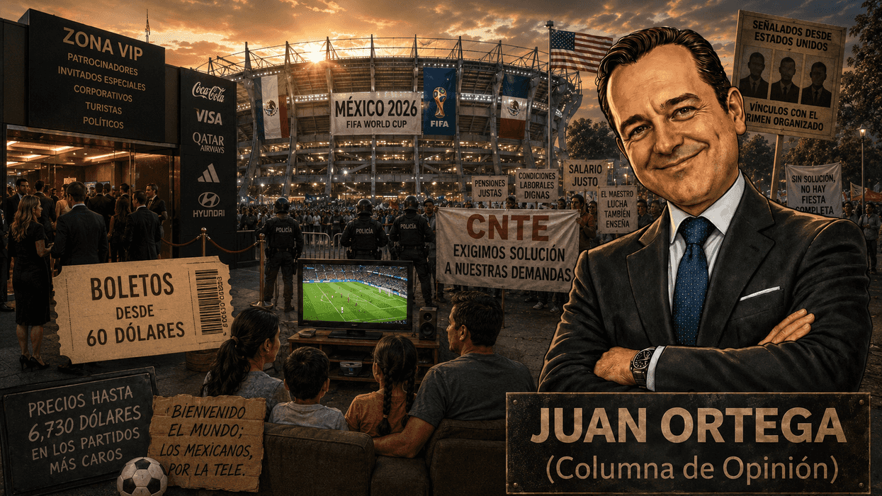 Illustration of a stadium protest with "Juan Ortega" smiling prominently in the foreground.