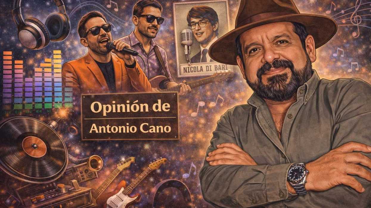 Illustration of Antonio Cano with music elements and performers in the background.
