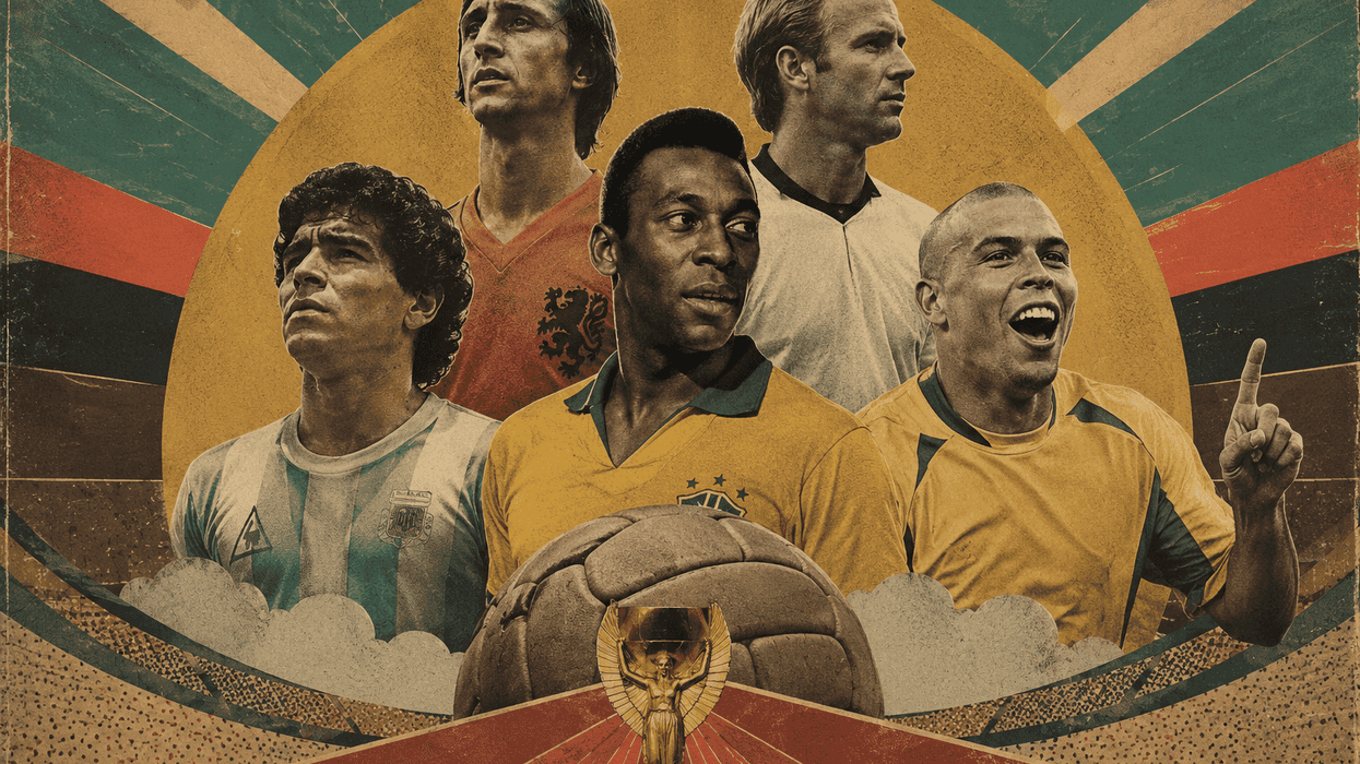 Illustration of five historic soccer players with a retro design and a trophy in front.