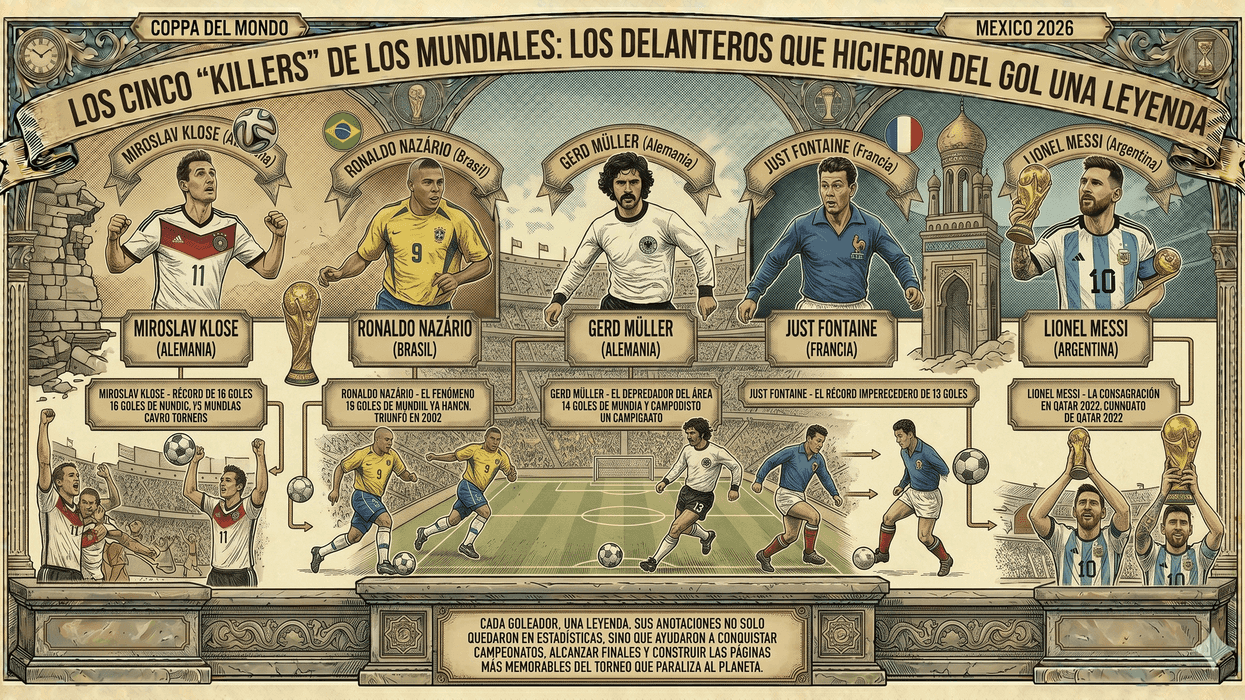 Illustration of five legendary World Cup forwards from different countries.