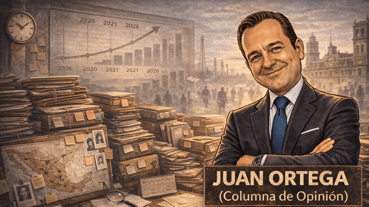 Illustration of Juan Ortega amidst papers, charts, and a map, labeled "Columna de Opinión".