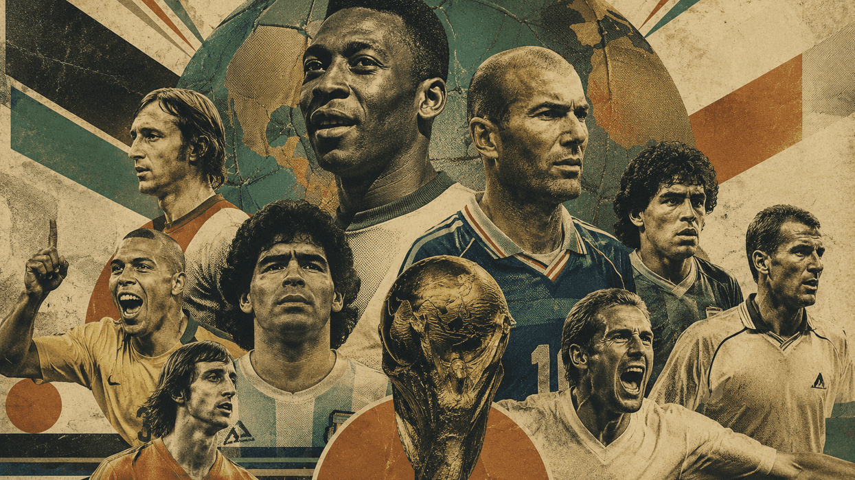 Illustration of soccer legends with a vintage World Cup theme.
