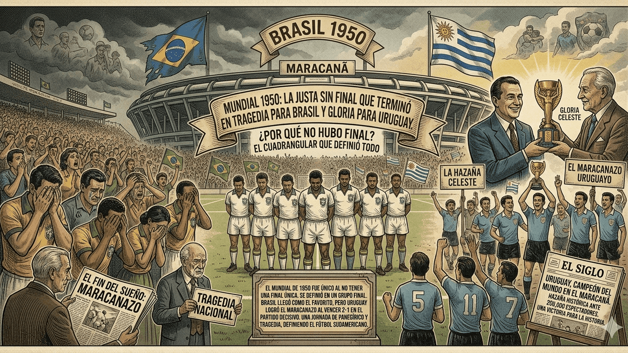 Illustration of the 1950 World Cup final, Brazil vs. Uruguay at Maracanã Stadium.