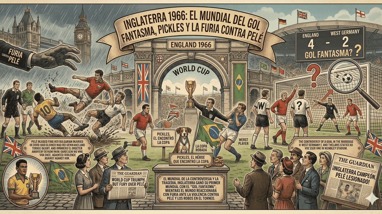 Illustration of the 1966 World Cup with players, fans, and historical details.