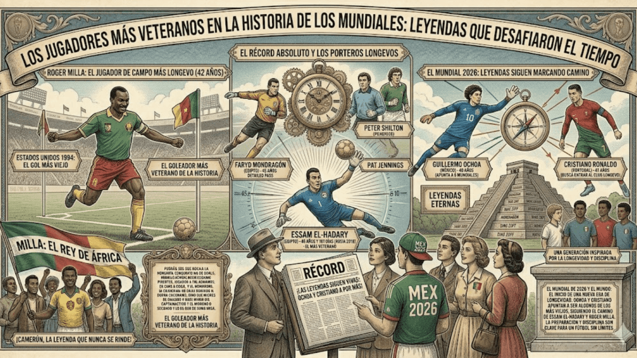 Illustration of veteran World Cup players with historical events and records.