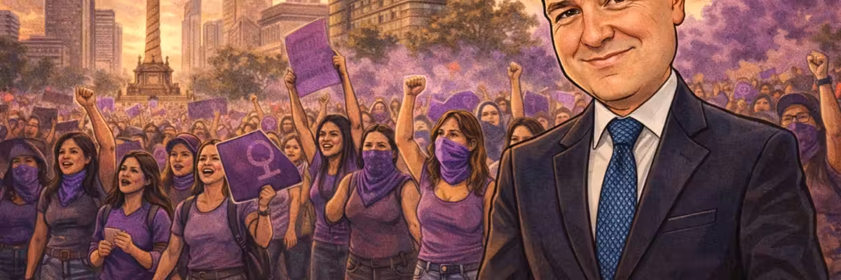 Illustration of women protesting with a columnist's portrait overlayed.