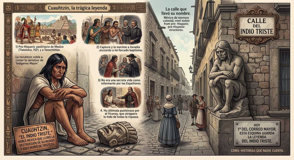 Ilustraci\u00f3n de estilo antiguo ambientada en la Ciudad de M\u00e9xico colonial que narra la leyenda del Indio Triste.