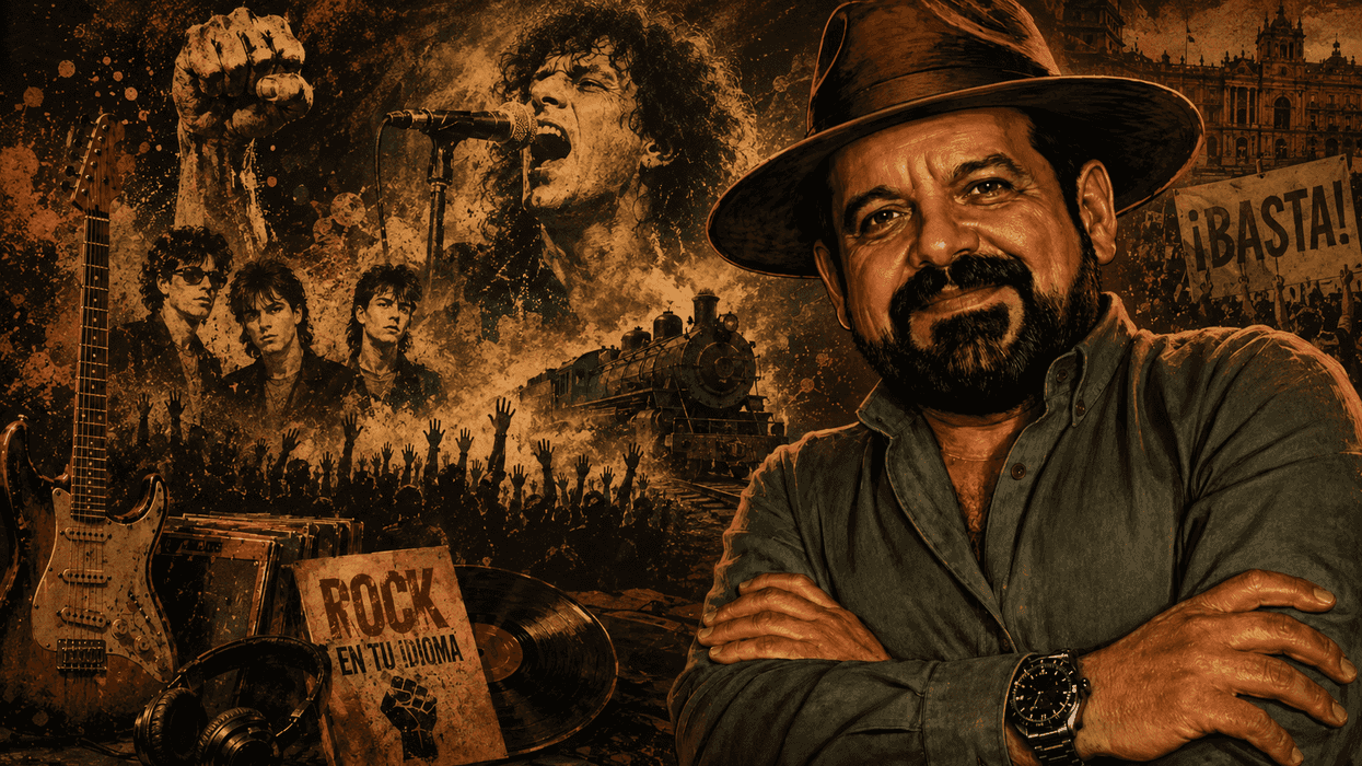 Ilustración vintage sobre el rock en español y la música de protesta, con guitarras, público y símbolos de resistencia junto a Antonio Cano.