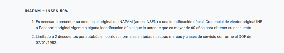 INAPAM discount details: ID required, 2 discounts per bus, terms as per 07/01/1982 regulations.