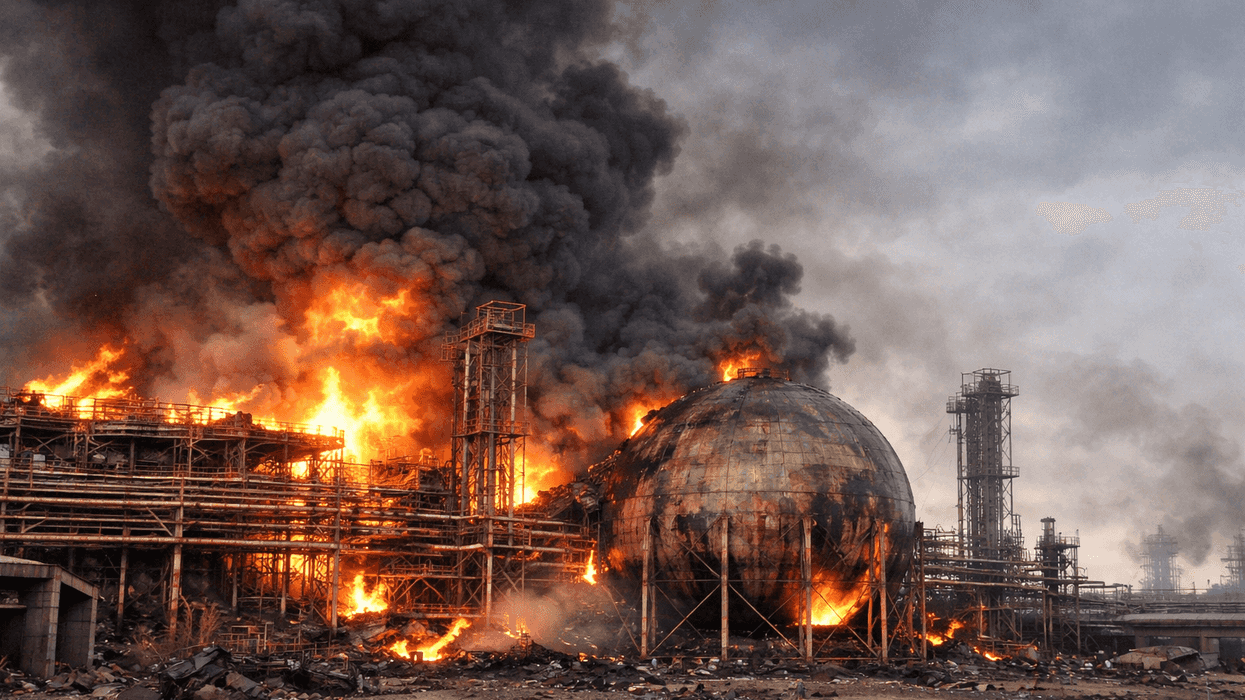 Industrial plant engulfed in flames, emitting dense black smoke.