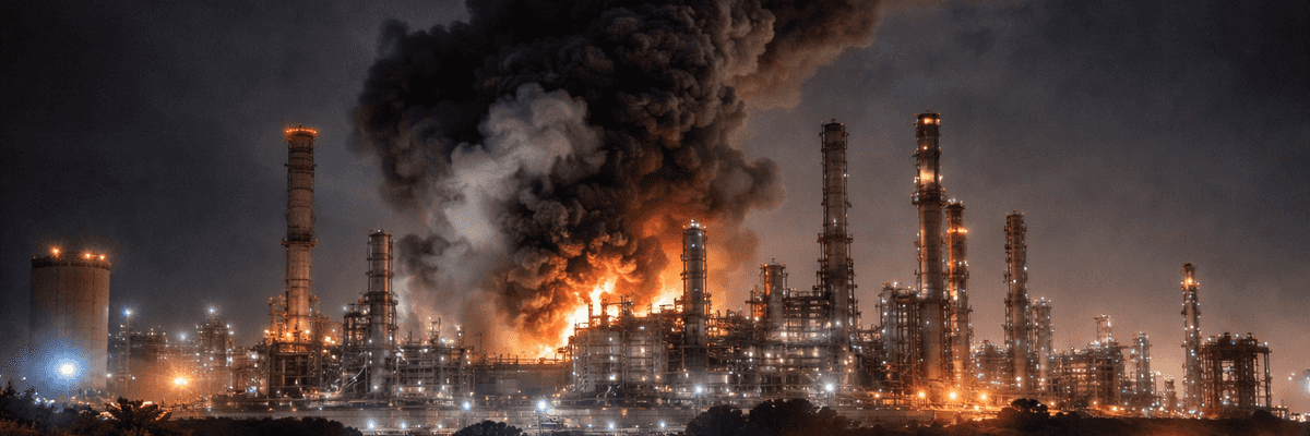 Industrial plant on fire with smoke; emergency vehicles on road at night.