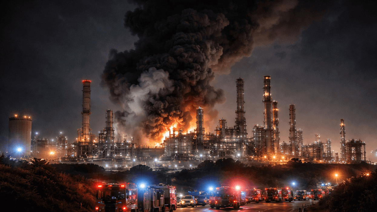 Industrial plant on fire with smoke; emergency vehicles on road at night.