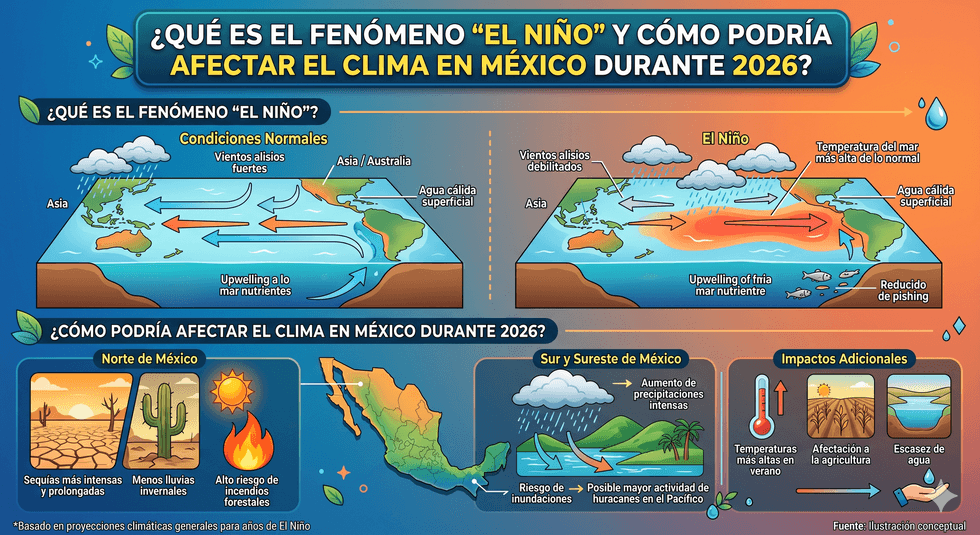 Infographic on El Ni\u00f1o's effects on Mexico in 2026: drought, floods, temperature rise.