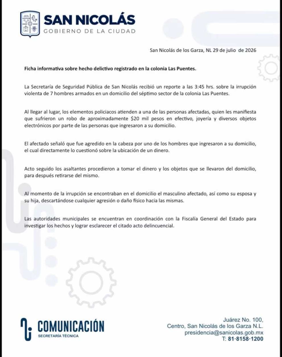 Informative report on a robbery in Las Puentes, San Nicol\u00e1s, dated July 29, 2026.
