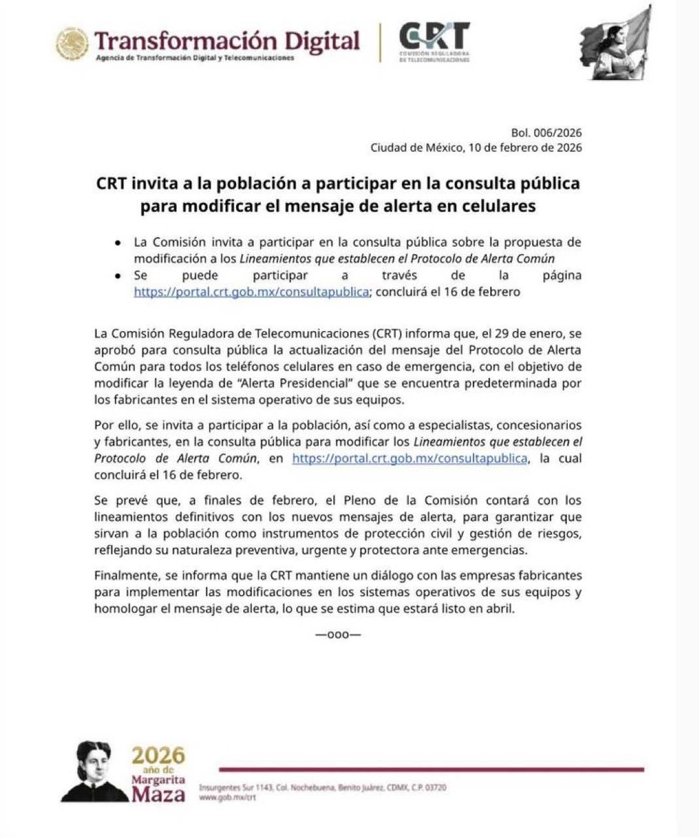Invitation to public consultation on modifying cellphone alert messages by the CRT, Mexico.