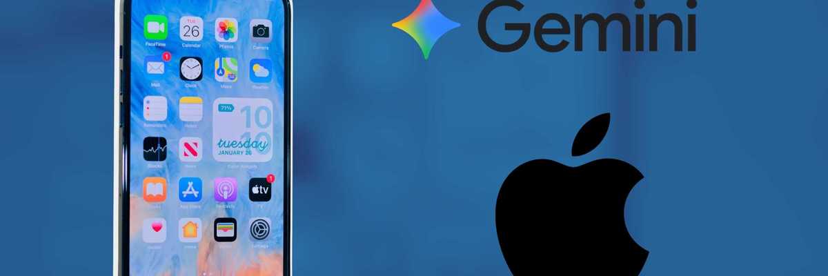 iPhone with app icons, Gemini and Apple logos on a blue background.