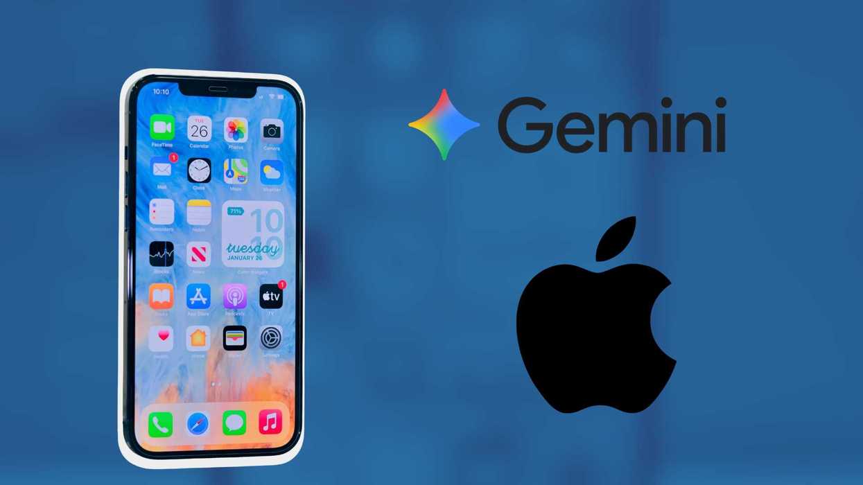 iPhone with app icons, Gemini and Apple logos on a blue background.