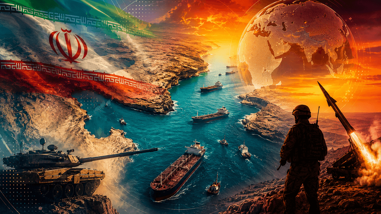 Iranian flag, soldier, tank, ships, and globe over a vivid sunrise landscape.