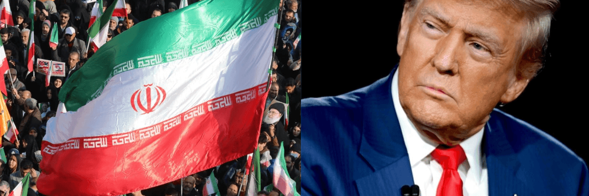 Iranian flag waving in a crowd next to a person in a suit.