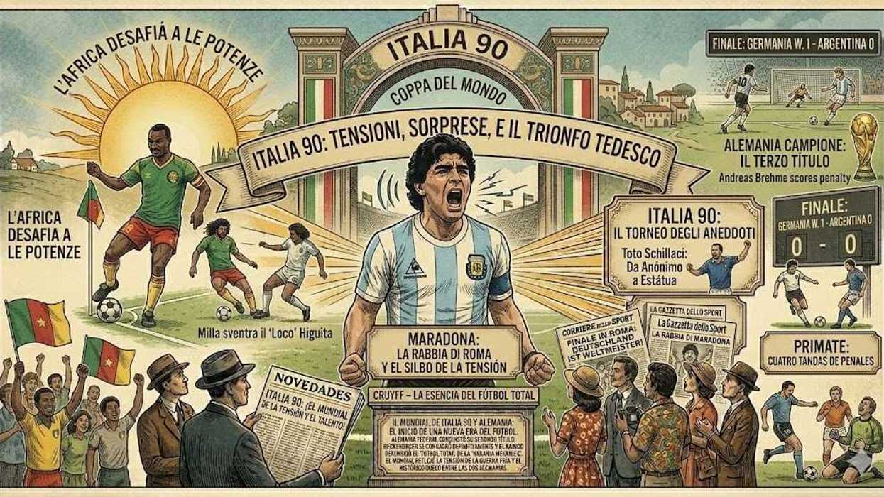 Italy 1990 World Cup poster featuring key moments and players in a vintage style.