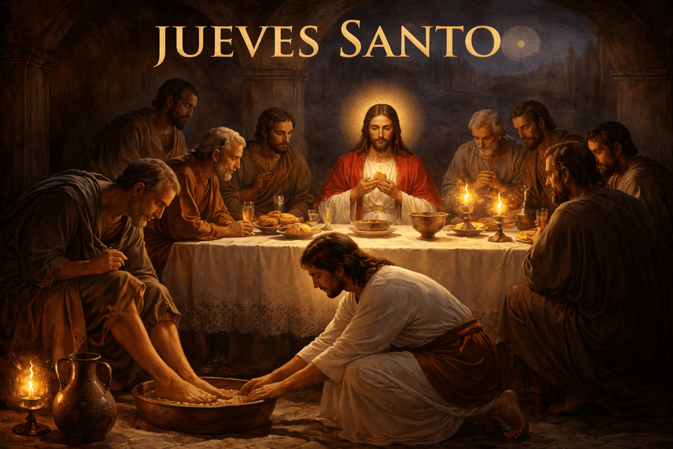 "Jueves Santo: Jesus washes a disciple's feet at the Last Supper, warm candlelit scene."