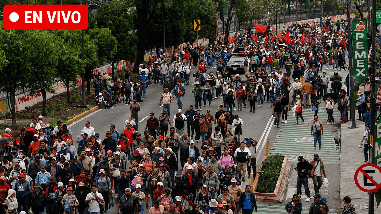 Large crowd marches down a street lined with trees and signs in Mexico City.