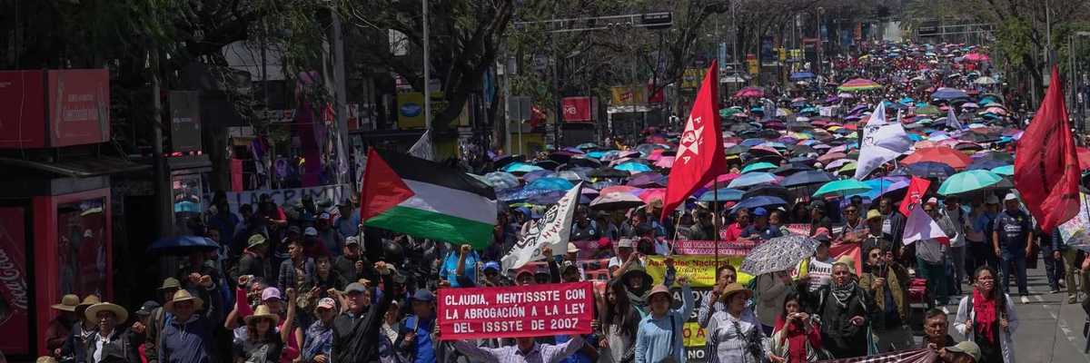 Large protest march with banners and colorful umbrellas on a tree-lined street.