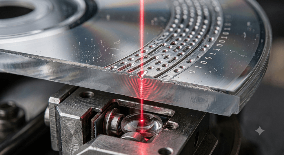 Laser engraving binary code on a metallic disc surface.