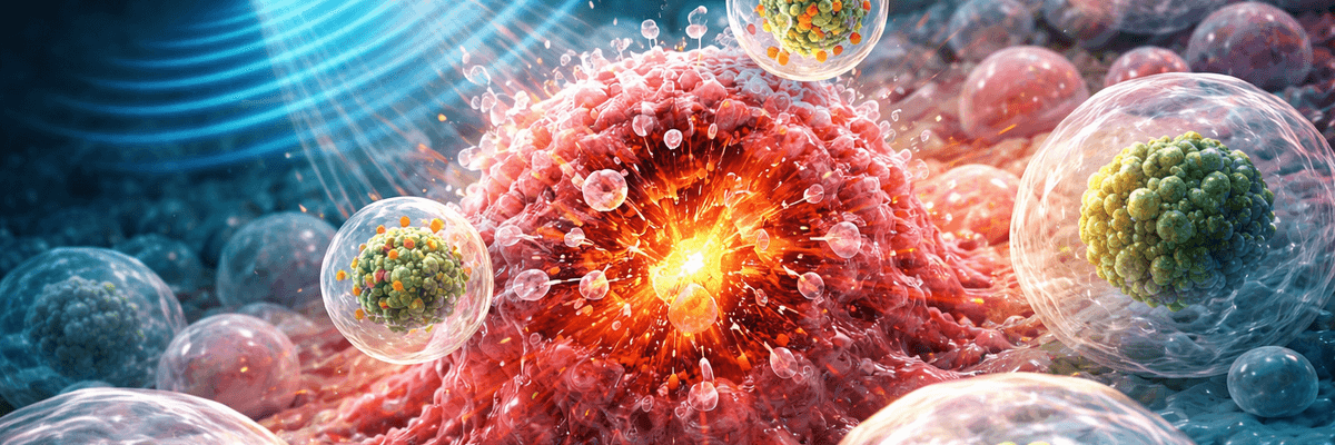 Laser targeting cancer cells surrounded by nanoparticles, emitting blue light.