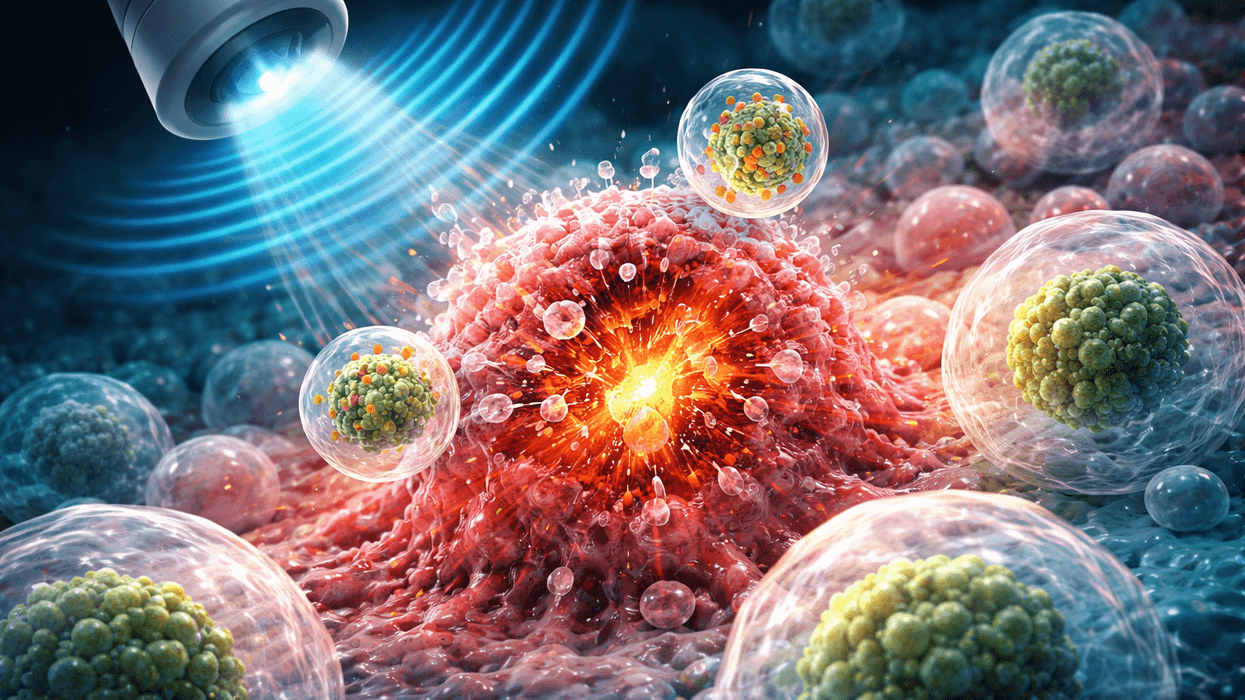 Laser targeting cancer cells surrounded by nanoparticles, emitting blue light.