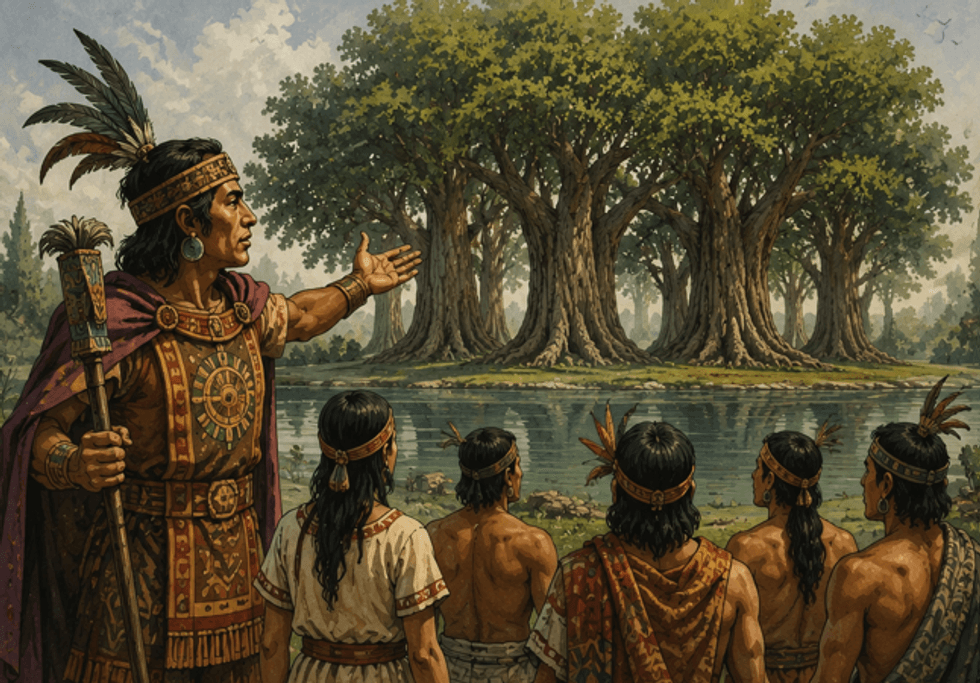 Leader gestures to sacred trees by a river, with a group of attentive followers.