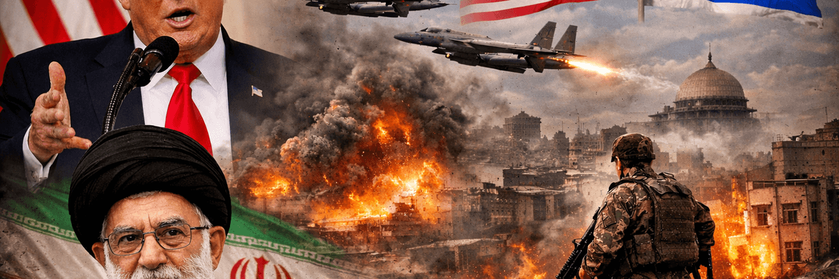 Leaders, warplanes, and flags over a war-torn cityscape with a soldier amid fires.