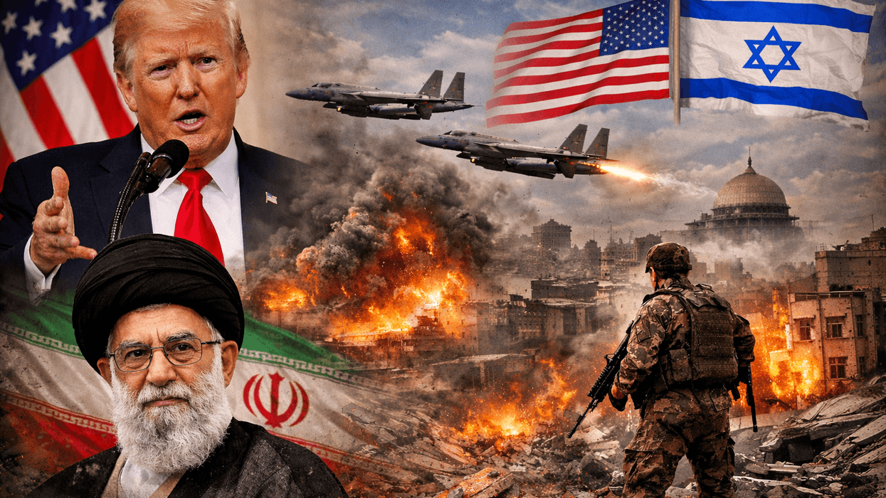 Leaders, warplanes, and flags over a war-torn cityscape with a soldier amid fires.