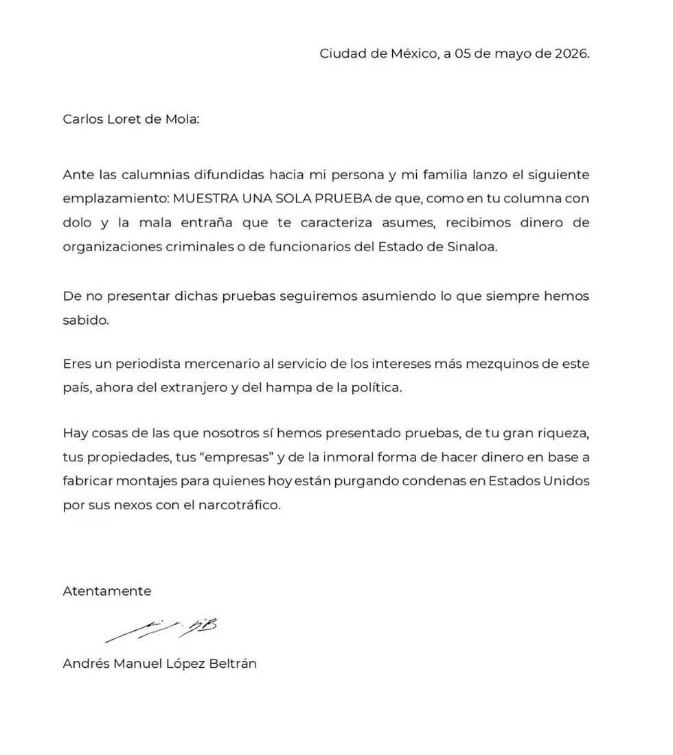 Letter addressing allegations against family and demanding proof, signed by Andr\u00e9s Manuel L\u00f3pez Beltr\u00e1n.