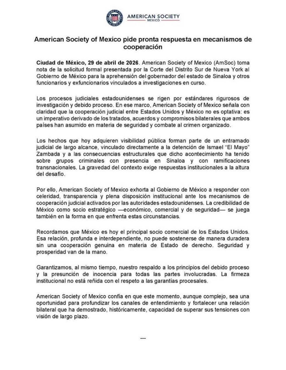 Letter from the American Society of Mexico urging cooperation with the Mexican government.
