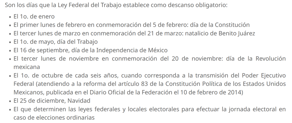 List of Mexican public holidays as per the Federal Labor Law.