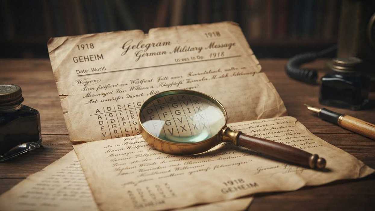 Magnifying glass on a WWII German military message with ink bottle and pen nearby.