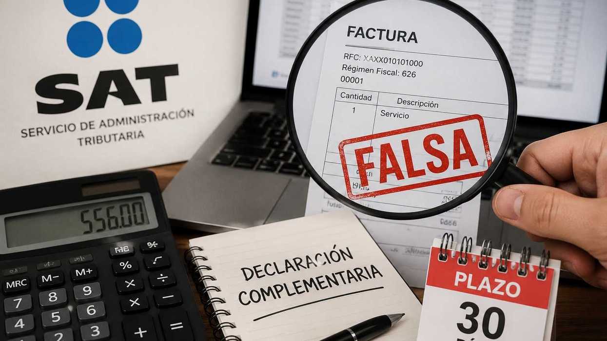 Magnifying glass reveals a fake invoice; SAT office with a calculator and documents.