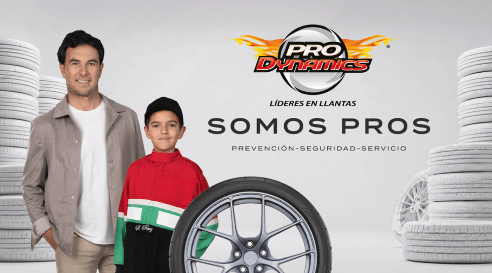 Man and boy with tires, "Pro Dynamics" logo and "Somos Pros" text.