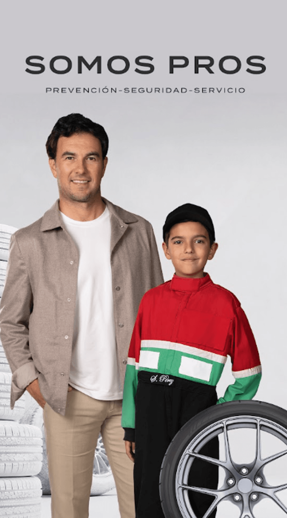Man and child in racing attire with wheels; text: Somos Pros.