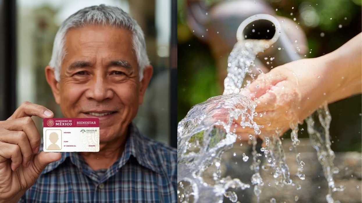 Man holding ID card; hands washing under flowing water.