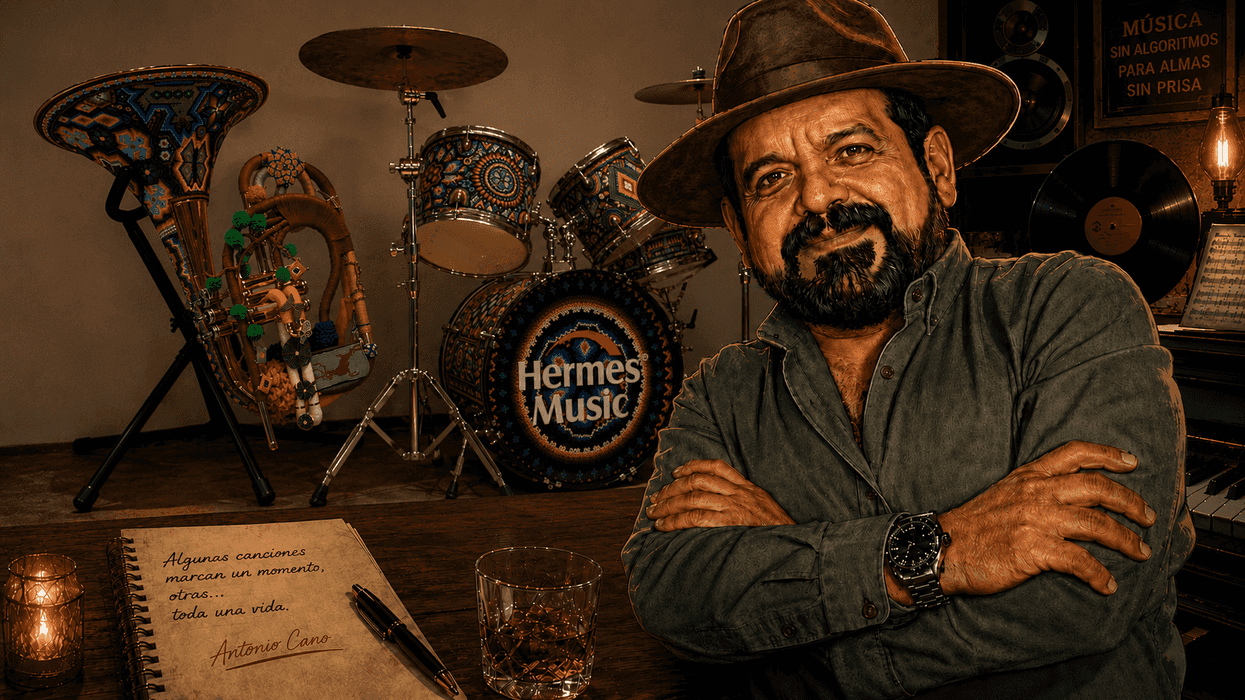 Man in a hat smiles in music-themed room with decorative drum set and notebook.