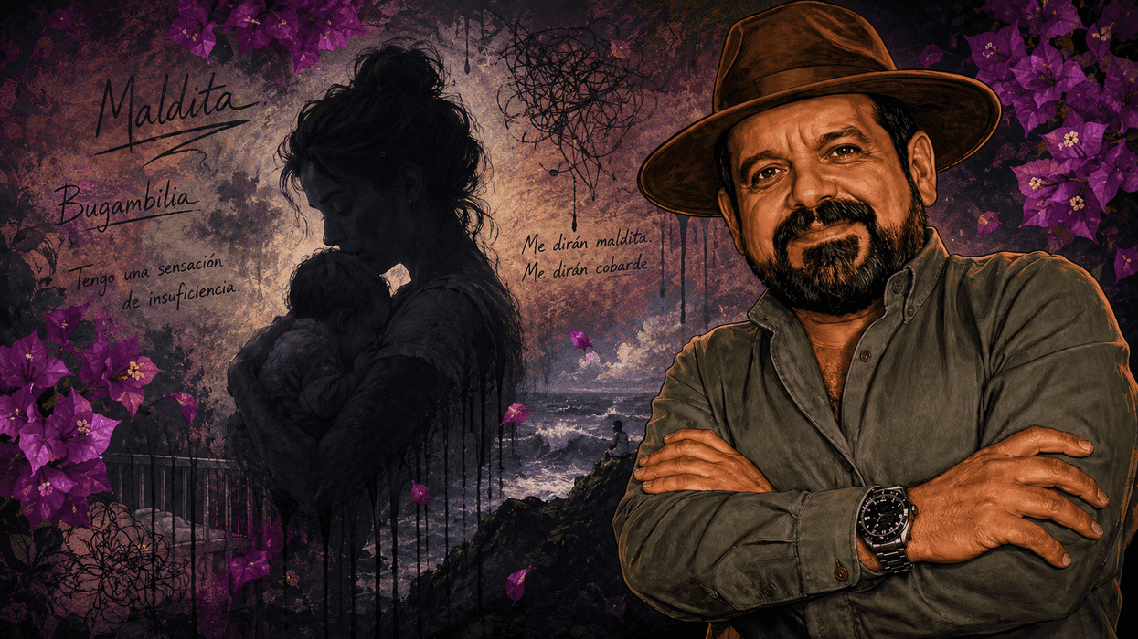 Man in a hat with a silhouette of a woman and child, surrounded by purple flowers.