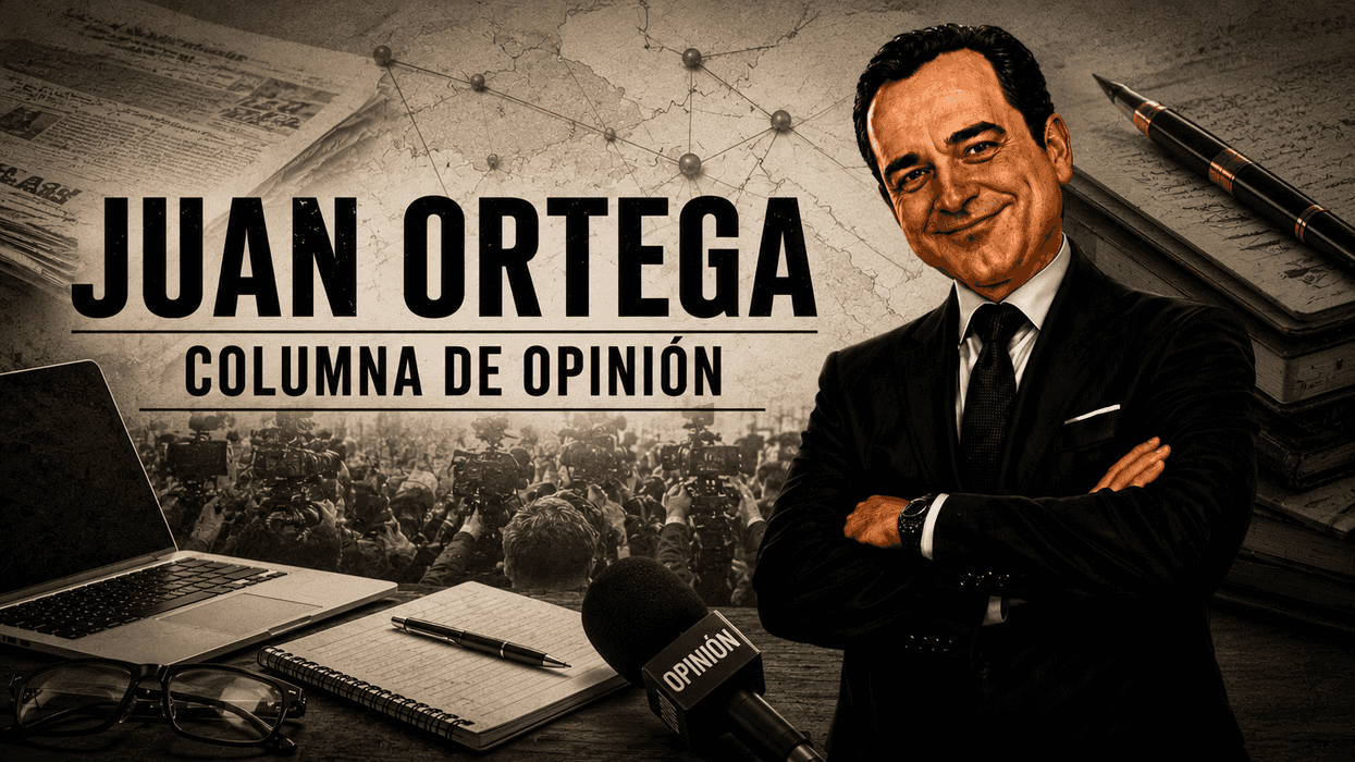 Man in a suit with crossed arms, "Juan Ortega Columna de Opinión" text, media background.
